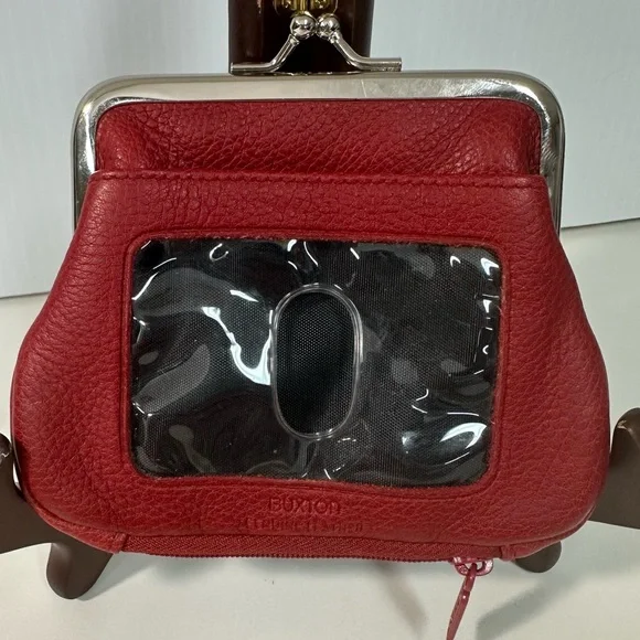 Buxton Coin Purse Wallet Red Leather Kiss Lock + Zipper Pocket + ID window - Picture 2 of 9